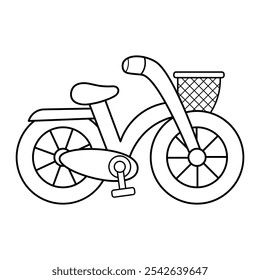 Bicicleta com Contorno de Cesta. Esta ilustração vetorial em preto-e-branco representa uma bicicleta simples e estilizada com uma cesta frontal. A bicicleta tem duas rodas grandes com pneus grossos e raios.