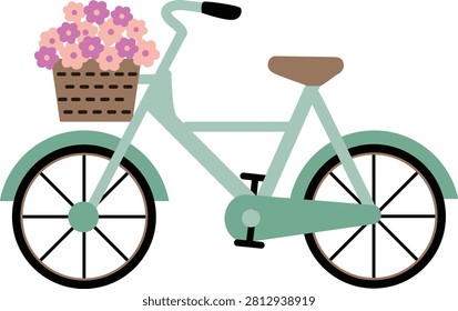 bicycle with basket of spring flowers illustration.
Transparent background.