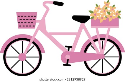 bicycle with basket of spring flowers illustration.
Transparent background.