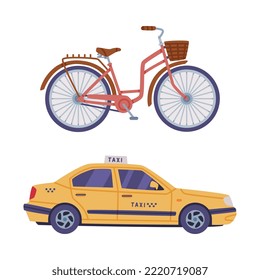 Bicycle with Basket and Taxi Yellow Cab as Turkey Transport Vector Set
