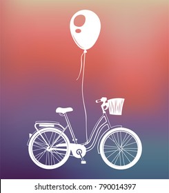 Bicycle with basket and three balloon. Romantic Greeting card with cute bike. Vector Illustration isolated in color background