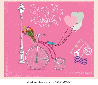 Bicycle with basket,balloons and tulip bouquet .Birthday card.Romantic vintage post card.-vector made from original drawing.