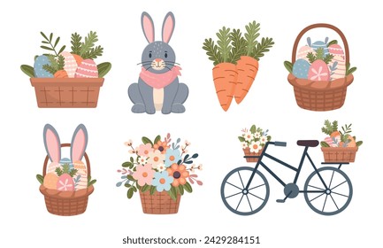 A bicycle with baskets of Easter eggs and spring flowers, a bunny, a basket of flowers, carrots. Easter set. Vector illustration. Flat cute style.