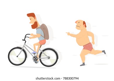Bicycle, bearded guy character. Funny man in a rage runs and threatens with a finger.