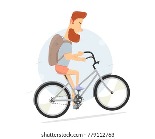 Bicycle, bearded guy character. Hipster style. Man going uphill with a backpack. Cartoon funny and comic.