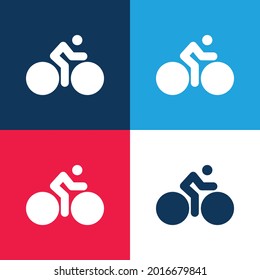 Bicycle With Big Wheels And Cyclist blue and red four color minimal icon set