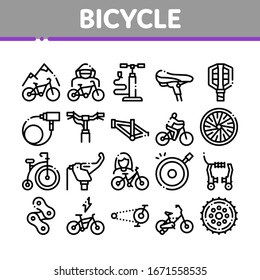 Bicycle Bike Details Collection Icons Set Vector. Mountain Bicycle Wheel And Seat, Brake And Frame, Chain And Pump Equipment Concept Linear Pictograms. Monochrome Contour Illustrations