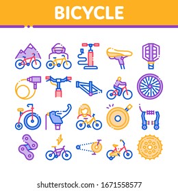 Bicycle Bike Details Collection Icons Set Vector. Mountain Bicycle Wheel And Seat, Brake And Frame, Chain And Pump Equipment Concept Linear Pictograms. Color Contour Illustrations
