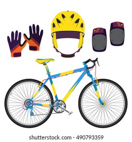 Bicycle, bike equipment and protect gear in flat vector style. Gloves, knee pads and helmet for protection.