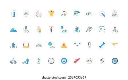 Bicycle and bike parts, sportswear and gear of cyclist for city ride, mountain travel color icon set. Electric bike parking, tire and wheel, saddle and sprocket flat elements vector illustration