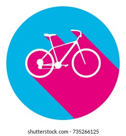 Bicycle, Bike sign. Vector. Flat white icon with mexican pink shadow inside sky blue(S and G) circle at white background. Isolated. Trend colors in 2017.