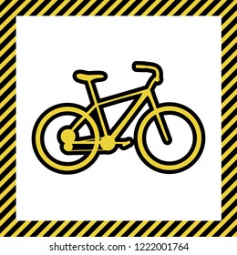Bicycle, Bike sign. Vector. Warm yellow icon with black contour in frame named as under construction at white background. Isolated.