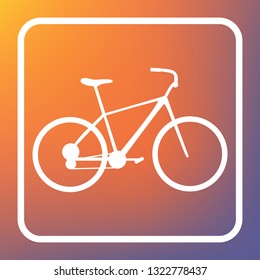 Bicycle, Bike sign. Vector. White icon on transparent button at orange-violet gradient background.