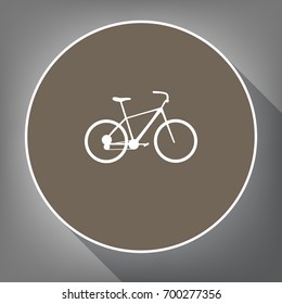 Bicycle, Bike sign. Vector. White icon on brown circle with white contour and long shadow at gray background. Like top view on postament.