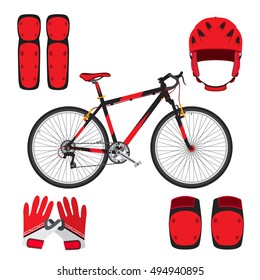 Bicycle, bike, skateboarding equipment and protect gear in flat style. Gloves, knee pads and helmet for protection.