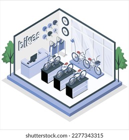 Bicycle bike store vector illustration. Cartoon flat buyers shoppers people choosing cycles, accessories or gear equipment for riding to buy at bike shop or shopping mall room interior background