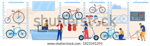 Bicycle bike store vector illustration.\
Cartoon flat buyers shoppers people choosing cycles, accessories or\
gear equipment for riding to buy at bike shop or shopping mall room\
interior background