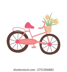 Bicycle bike vector flat hand drawn style retro transport pink cycle with flower basket spring greeting card and feminine branding design