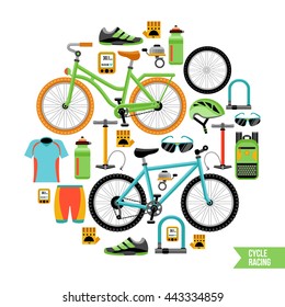 Bicycle and biker accessories icons composition in circle design with cycle racing description flat vector illustration   