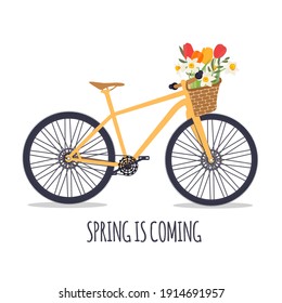 Bicycle with a bouquet of spring flowers. Vector Illustration