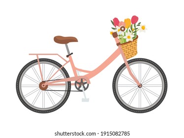Bicycle with a bouquet of spring flowers. Vector Illustration