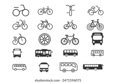  Icono de transporte de bicicletas y autobuses. Ilustración vectorial de iconos de línea fina simple negra.