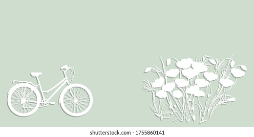 Bicycle, bush of wildflowers - light background - vector. Travel Banner.