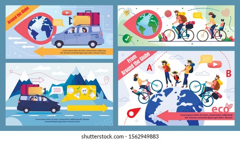 Bicycle and Car Family Trip round Globe Promo Banner Set. Eco Tour for Cyclists, in Mountains, to Foreign Countries. Cartoon Happy Travelers Characters. Eco-Friendly Tourism. Vector Illustration