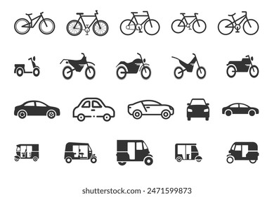 Bicycle, Car, Motorcycle And Auto Rickshaw Transport icon. Black simple thin line icon vector illustration.