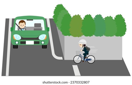 Una bicicleta y un auto que están a punto de colisionar en una esquina