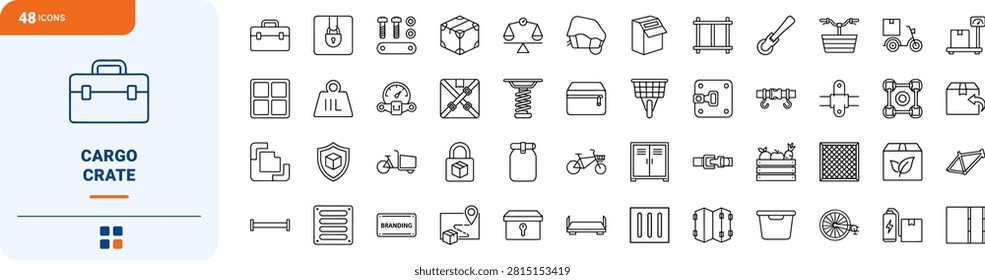 Bicycle cargo crate delivery box line icon set covering bike, basket, urban, and logistics concepts, thin linear illustration.