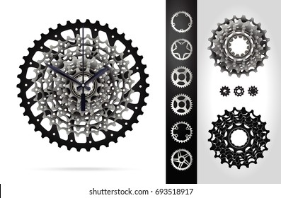 Bicycle Cassette mountain bike. Rear Bicycle Sprocket. Realistic vector. Clock design.