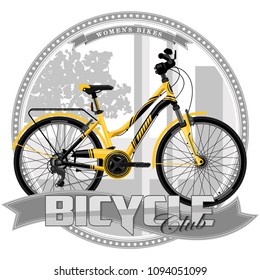 A bicycle of a certain type, on a symbolic background. Bicycle, text and background are located on separate layers.
