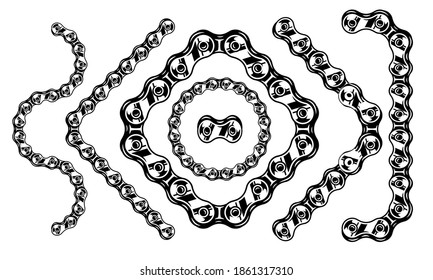 Bicycle chain brush vintage template with various shapes in monochrome style isolated vector illustration