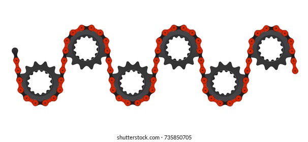 A bicycle chain and the driving and driven cogs