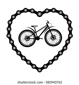 Bicycle chain in the form of heart with a bicycle. 