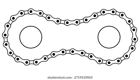 Cadena de bicicleta que forma el símbolo del infinito con dos bucles circulares conectados. Ilustración vectorial en blanco y negro de Enlaces de cadenas de bicicleta que crean un diseño de bucle interminable que representa el ciclismo, la continuidad y el concepto de movimiento perpetuo.
