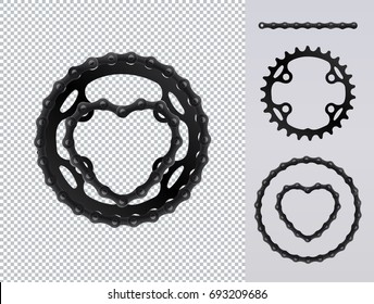 Bicycle chain heart. Vector. A circle. Chain wheel. Black. Isolated. Bicycle parts combined in a heart shape. Vector black circle created from bike chain. Isolated on white background.