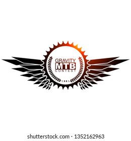 Bicycle chain ring with wings and decorative leves. Bike gear logo template. 