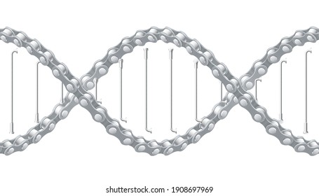 Cadena de bicicletas con radios retorcidas como una espiral de ADN. Símbolo de un estilo de vida ciclista. Ilustración vectorial realista replicable aislada en fondo blanco.