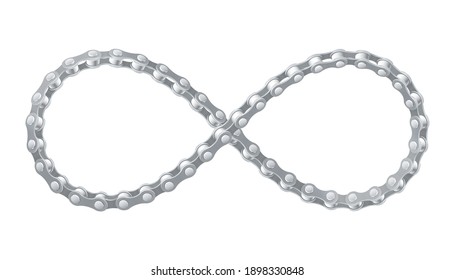 Bicycle chain twisted like Infinity sign. Symbol of a cycling lifestyle. Realistic vector illustration isolated on white background..