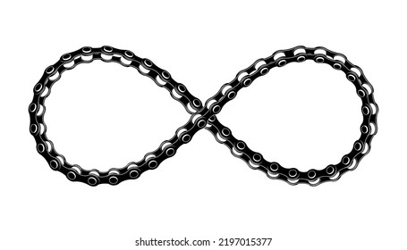 Bicycle chain twisted like Infinity sign. Symbol of a cycling lifestyle tattoo design. Vector illustration isolated on white background..