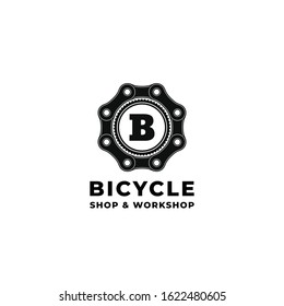 Bicycle Chains illustration with sprocket cog. A logo design concept for bike shop and bike repair workshop or bicycle comunity logo icon template. Vector download. Isolated on white background