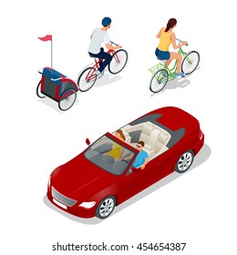 Bicycle With Child Carrier. Isometric Bicycle. Family Cyclists. Cabriolet Car. Transport For Summer Travel. Sports Car Vehicle. Flat 3d Vector Illustration