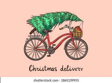 Bicycle and Christmas tree  Spruce in the luggage the bike  Delivery concept  Vector illustration for label  badge  logo  postcard banner  Hand drawn Vintage engraved sketch  