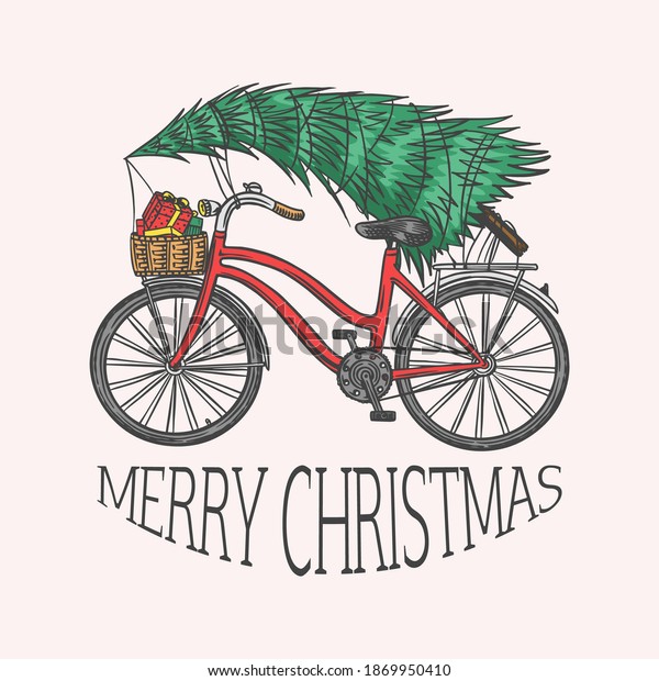 Bicycle with\
a Christmas tree. Spruce in the luggage of the bike. Delivery\
concept. Vector illustration for label, badge, logo, postcard or\
banner. Hand drawn Vintage engraved sketch.\

