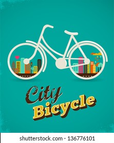 Bicycle with city landscape, vintage poster