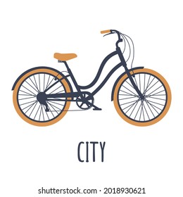Bicycle city. Vector black and orange icon isolated on white background with title.