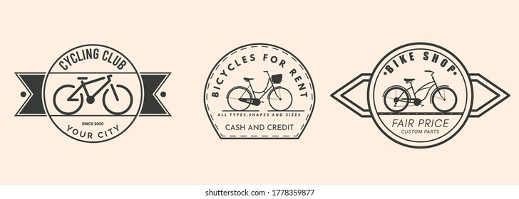 Bicycle club and bike shop typography labels. Cycling rent and repairs badges vector illustration.