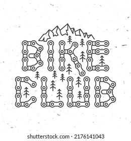 Bicycle Club. Vector illustration. Concept for shirt or logo, print, stamp or tee. Vintage line art design with mountain and cycling chain silhouette. Extreme sport.